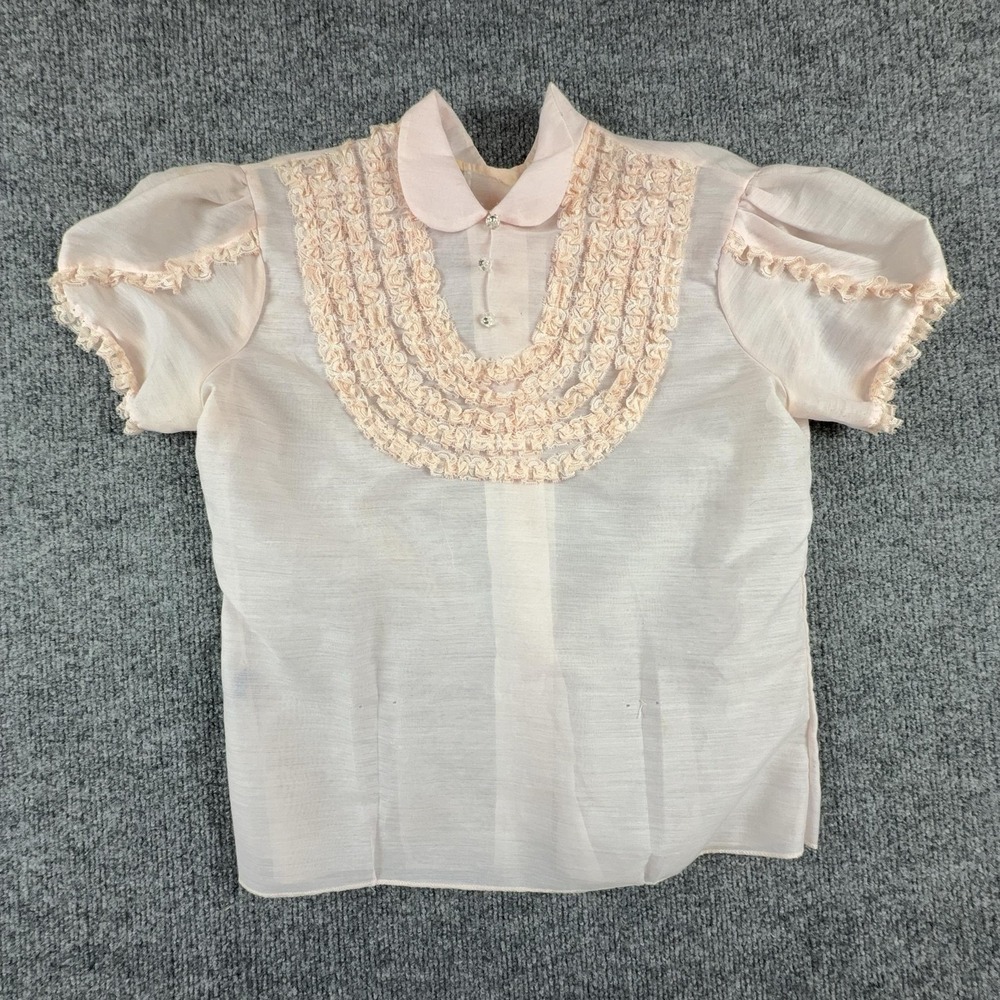 Vintage Mark L Blouse Womens Small Pink Lace Bib Peter Pan Collar Sheer Top